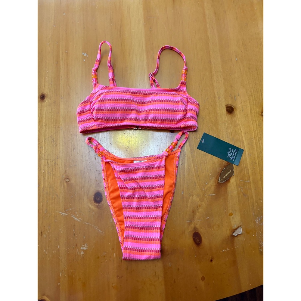 Wild Fable Pink‎ Orange Striped Beaded Bikini Set XXS NWT Cheeky High Leg